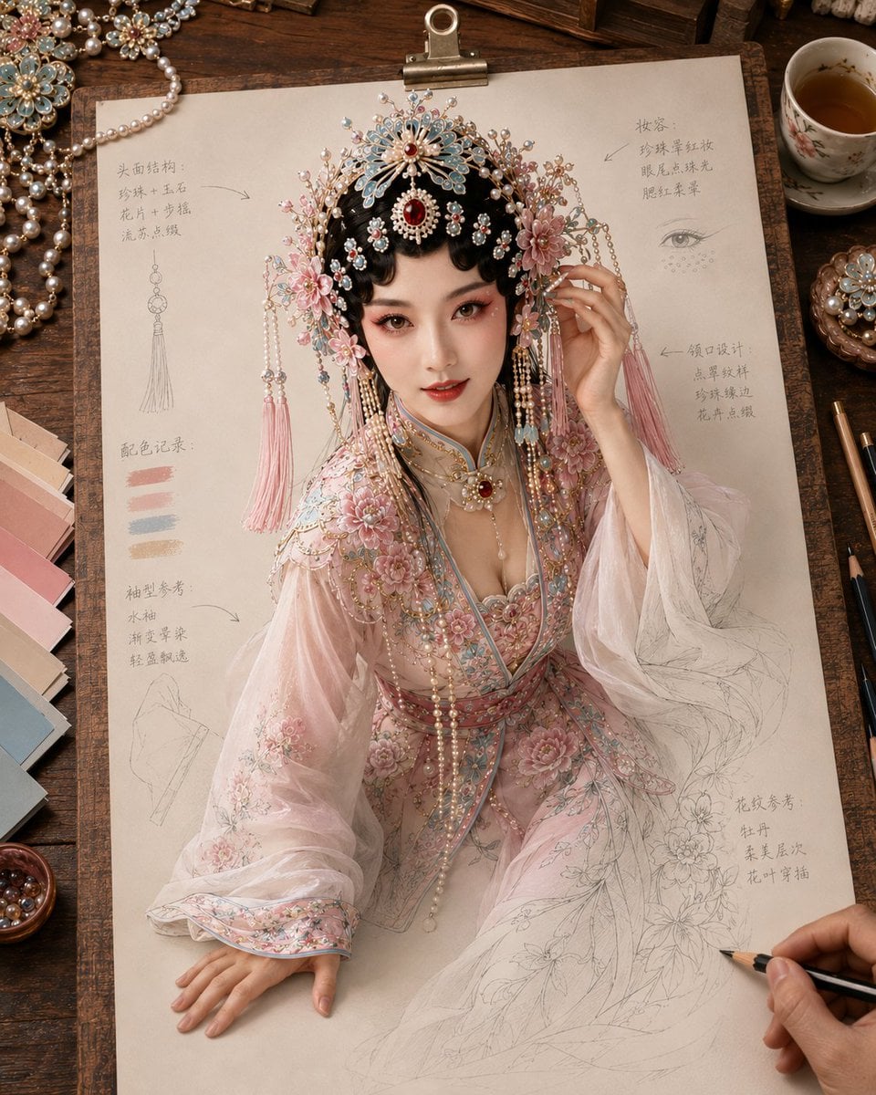 生成一张《纸上成真 · 戏韵妆造稿》风格图片，4:5 竖版。 主题为[主题]。画面是一张米白色戏曲妆造设定稿纸夹在木质画板上，置于温暖木色工作台。一位写实成年中国女性从纸上自然立起，形成“纸上成真”的视觉效果。 人物为…
