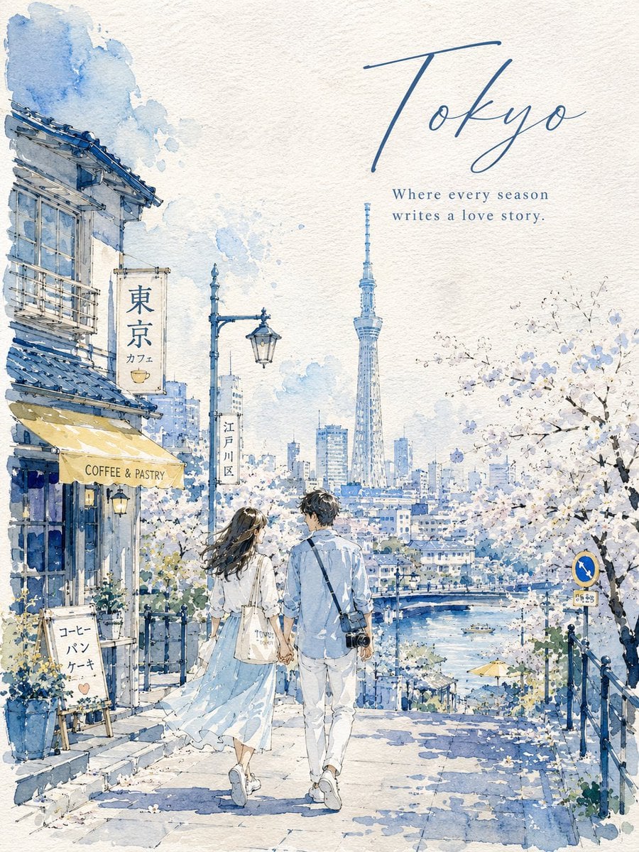 Create a 3:4 vertical watercolor urban sketch travel poster on textur…