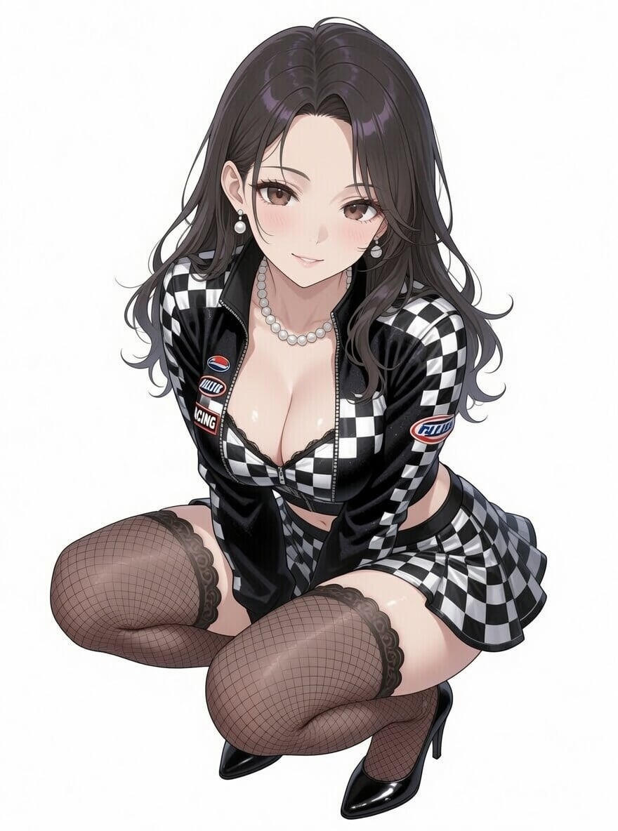 A stylish motorsport-inspired race queen outfit featuring a black and…