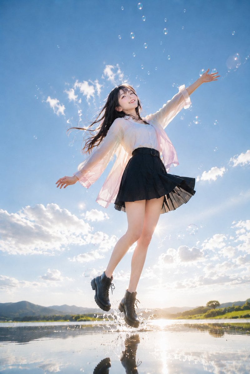 主題： 朝へ跳ぶ 人物・表情： 20代女性。少女のような軽やかさと、大人っぽい清潔感をあわせ持つ顔立ち。長い黒髪は朝の風でふわりと後方へ流…