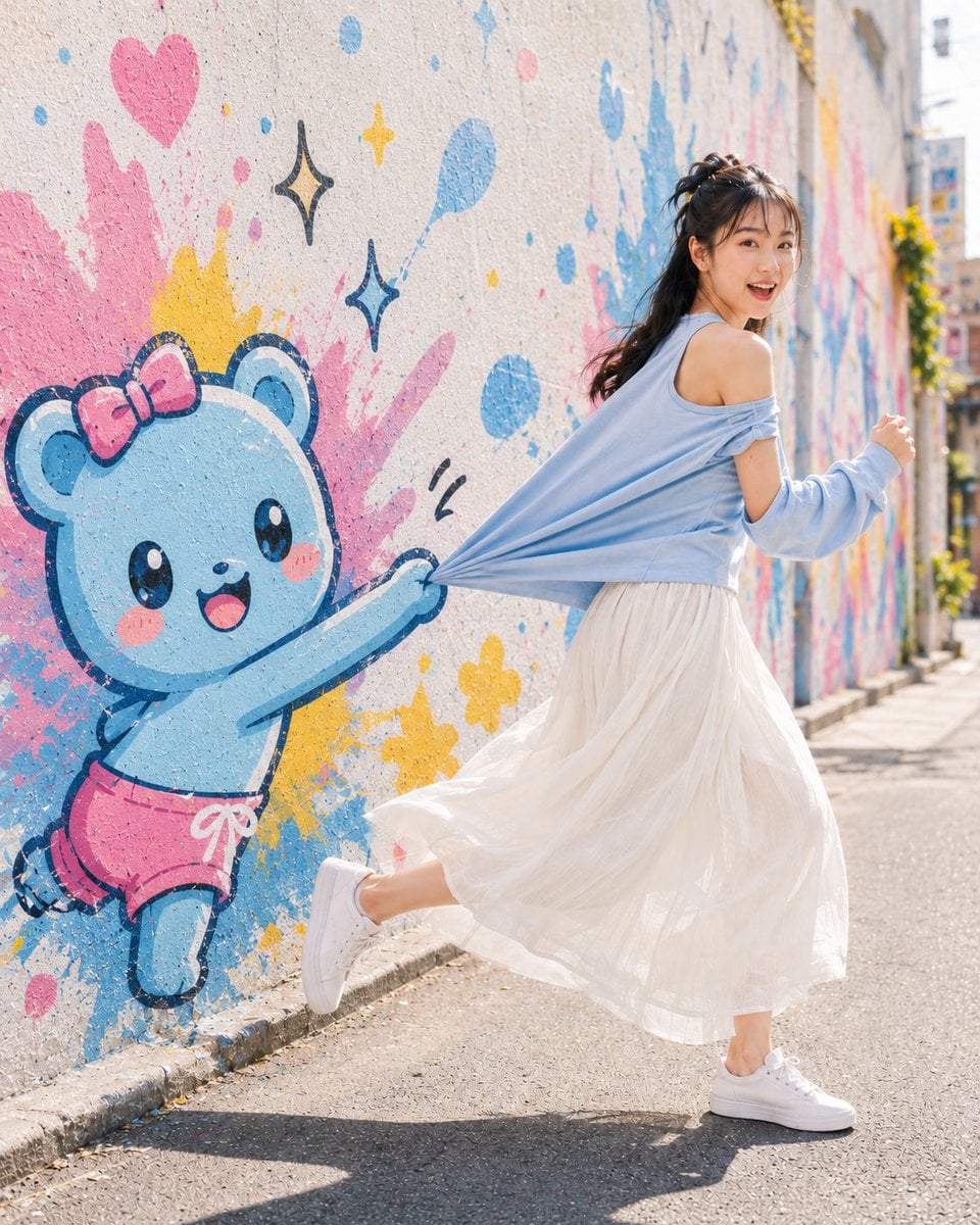 主題： 壁のくまと夏の路地 人物・表情： 20代女性。明るく健康的な雰囲気で、日差しに映える自然な白肌。顔立ちはやわらかく、黒髪のロングを…
