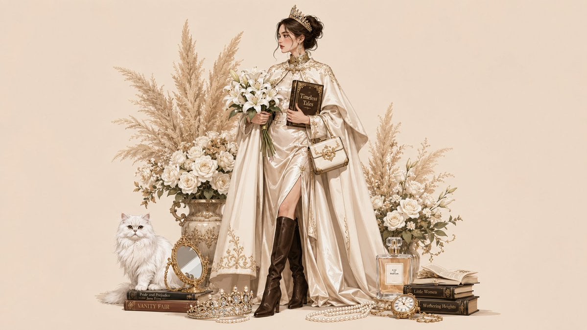 Create a stylish full-body illustration of a fashionable young woman…