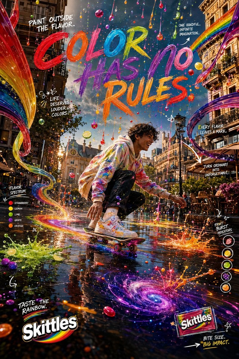 Create an ultra-premium global Skittles campaign titled: PAINT OUTSID…