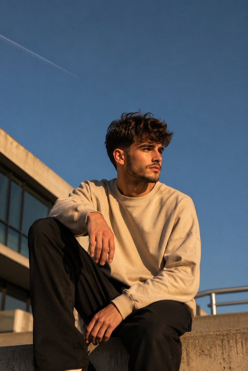 Create a cinematic lifestyle portrait of a stylish young man sitting…