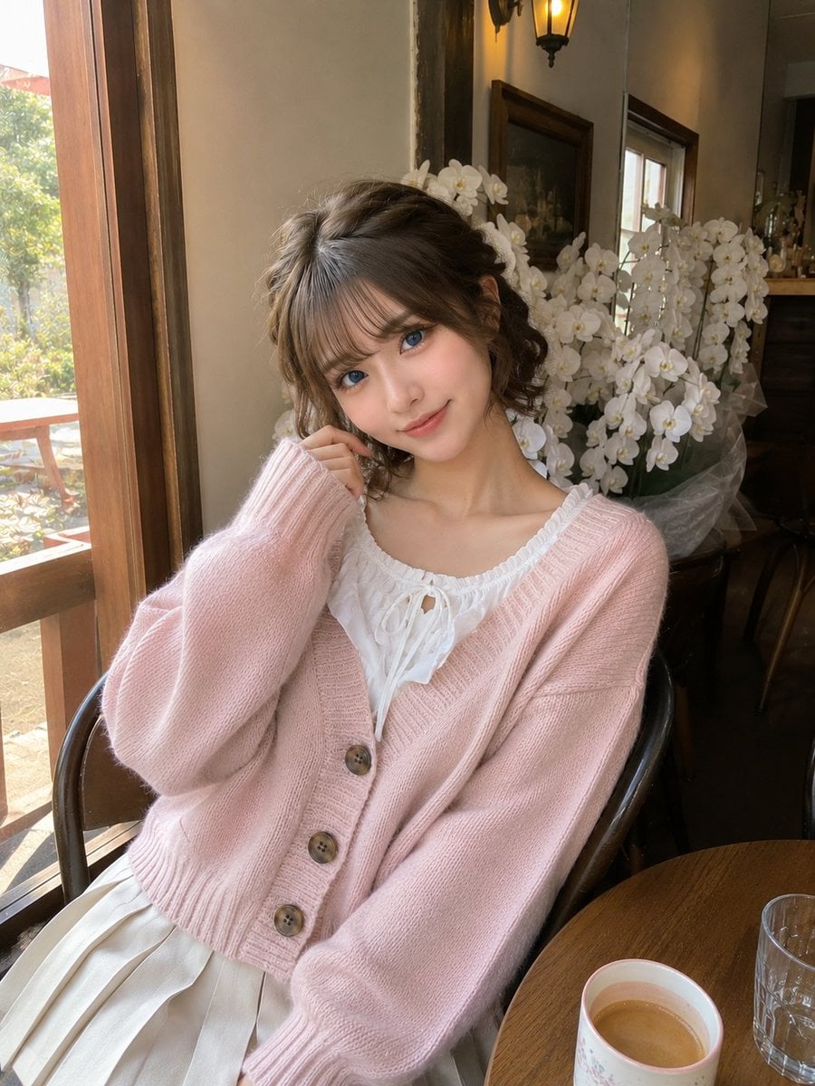 Photorealistic candid smartphone snapshot of a cute young woman with short wavy ash-brown hair styled in a so…
