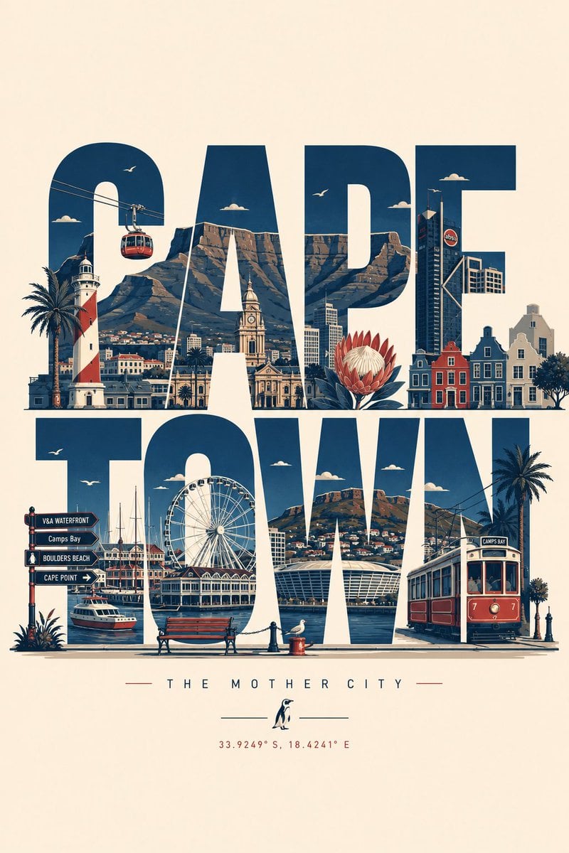 Create a clean, modern typographic travel poster where the city name…