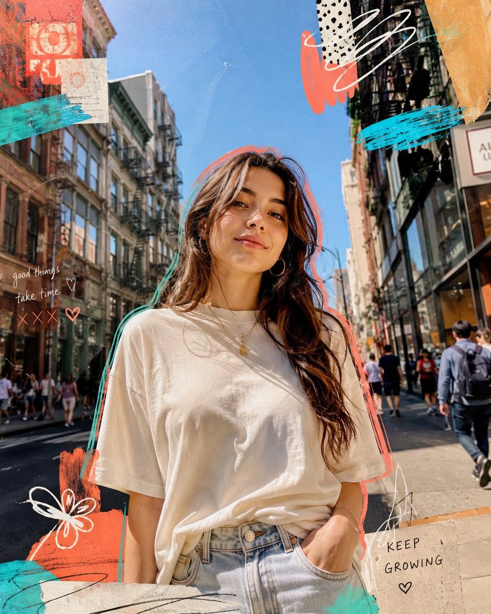 Ultra-realistic editorial street portrait of a young woman standing o…