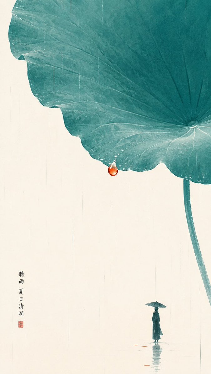 主题方向：东方禅意极简人物插画 风格分支：高对比清润型 主体内容：一位小人物站在巨大荷叶下听雨 情绪母题：清润、夏日、静气、生机 场景与意…