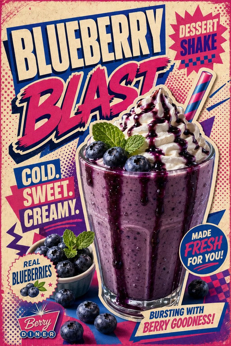 Create a bold retro pop-art poster for a Blueberry Dessert Shake. Use…