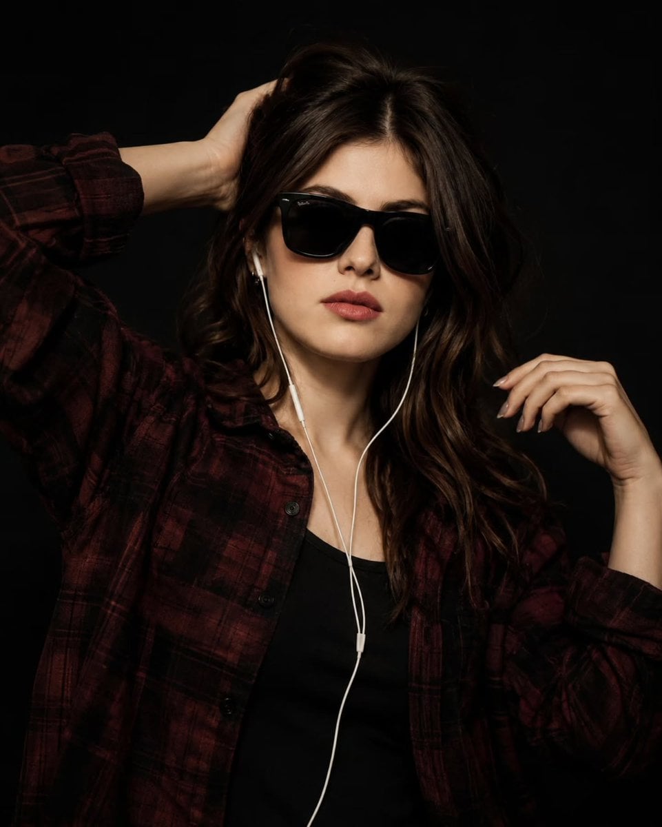 Ultra-realistic studio fashion portrait of a young woman with shoulde…