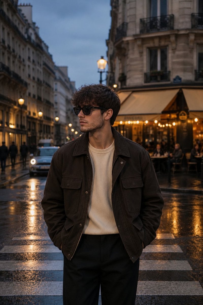 Create a luxury travel fashion editorial portrait of a young man stan…