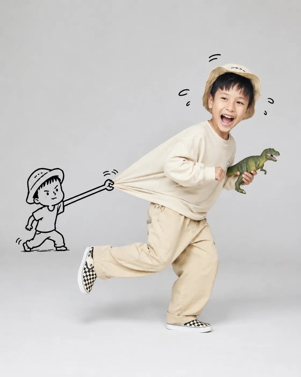 A playful, high-key studio portrait of [Subject] running joyfully acr…