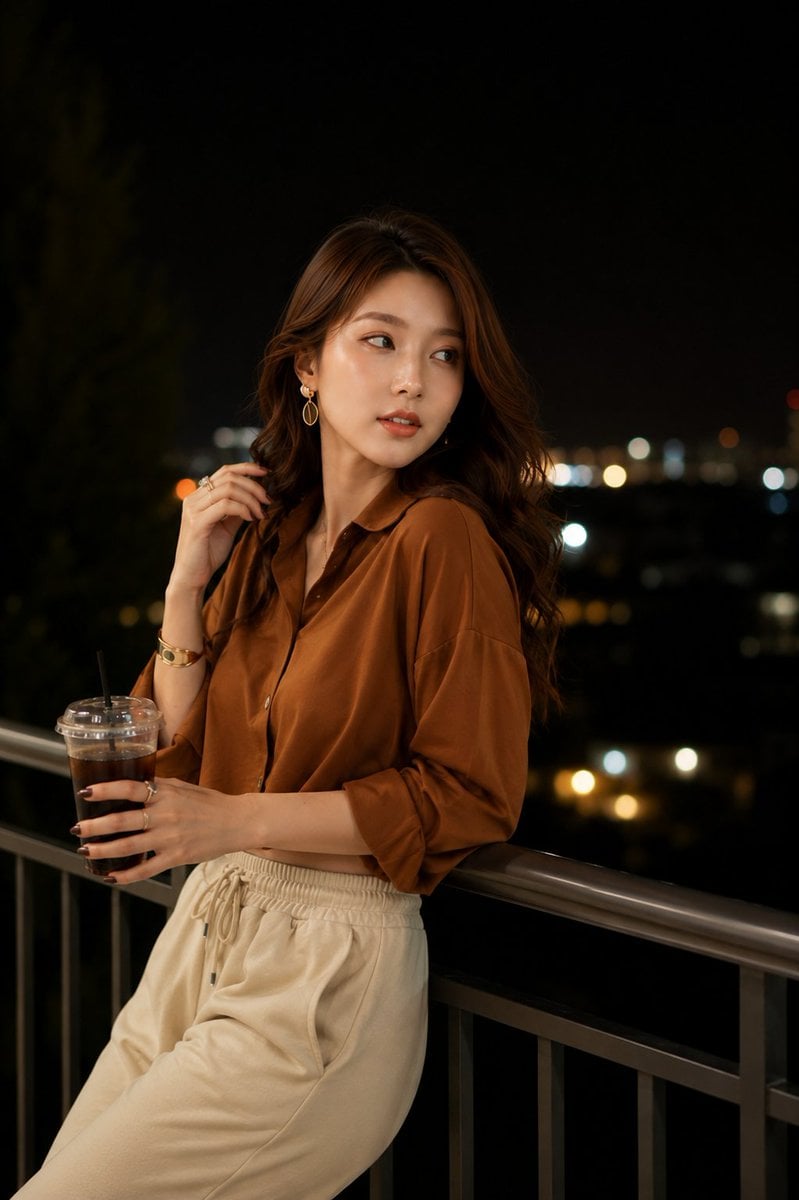 Prompt 1: Ultra-realistic night portrait of a stylish young woman standing on a modern balcony overlooking a…