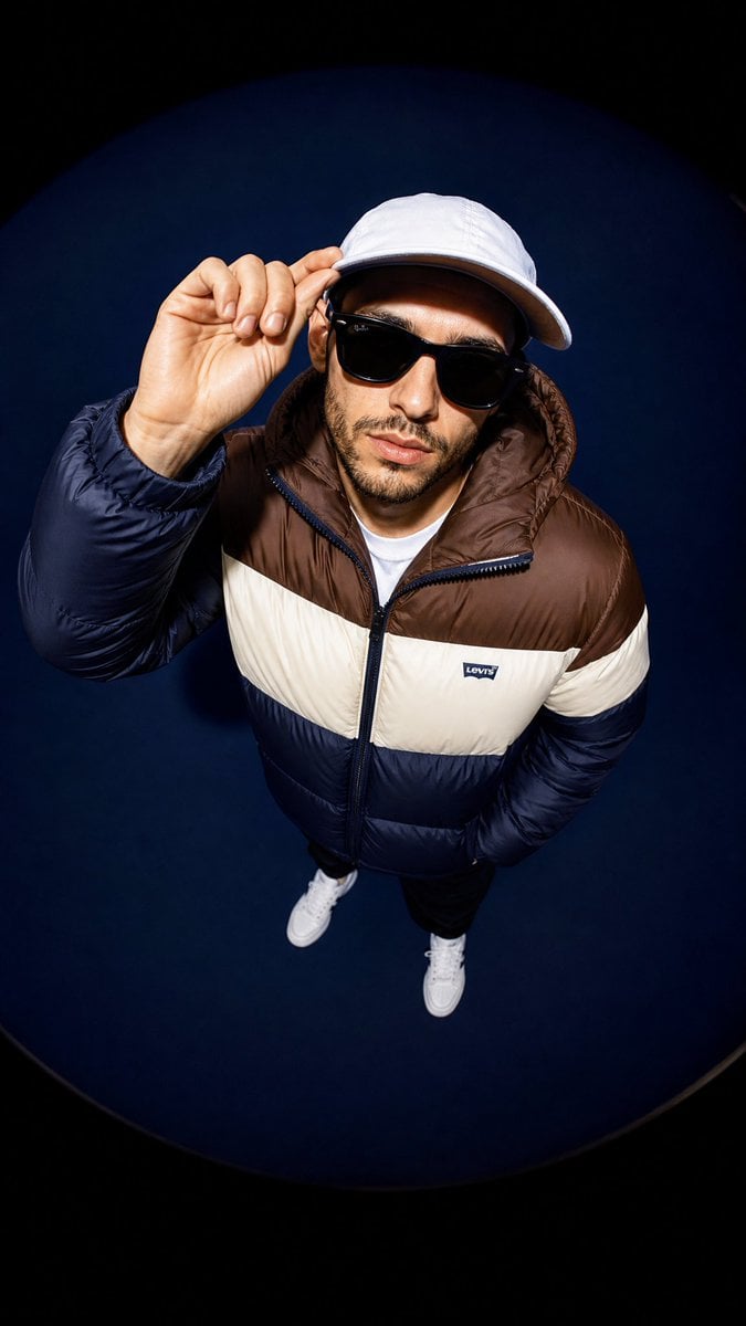 A high-angle fisheye lens shot of a male model looking up at the came…