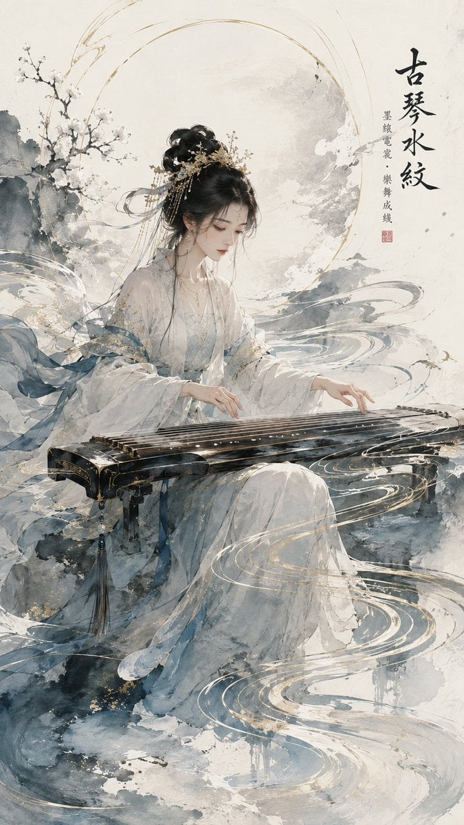 请生成一张 9:16 竖版、原创高级东方音乐视觉海报。 主题乐器：[古琴 / 琵琶 / 竹笛 / 箜篌 / 古筝 / 编钟 / 二胡] 主题方向：[古琴水纹 / 琵琶金音 / 笛音青岚 / 箜篌星音] 主色调：[月白、…
