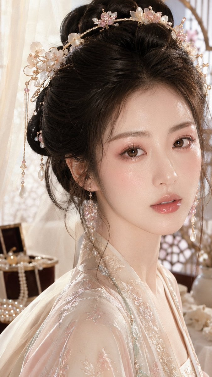 9:16 竖版，古风贵女精致水光妆近景，东方水光显妆贵女人像，肩颈以上美妆特写，极近距离人像构图，人物正面轻微侧脸看向镜头，嘴唇微微张开，…