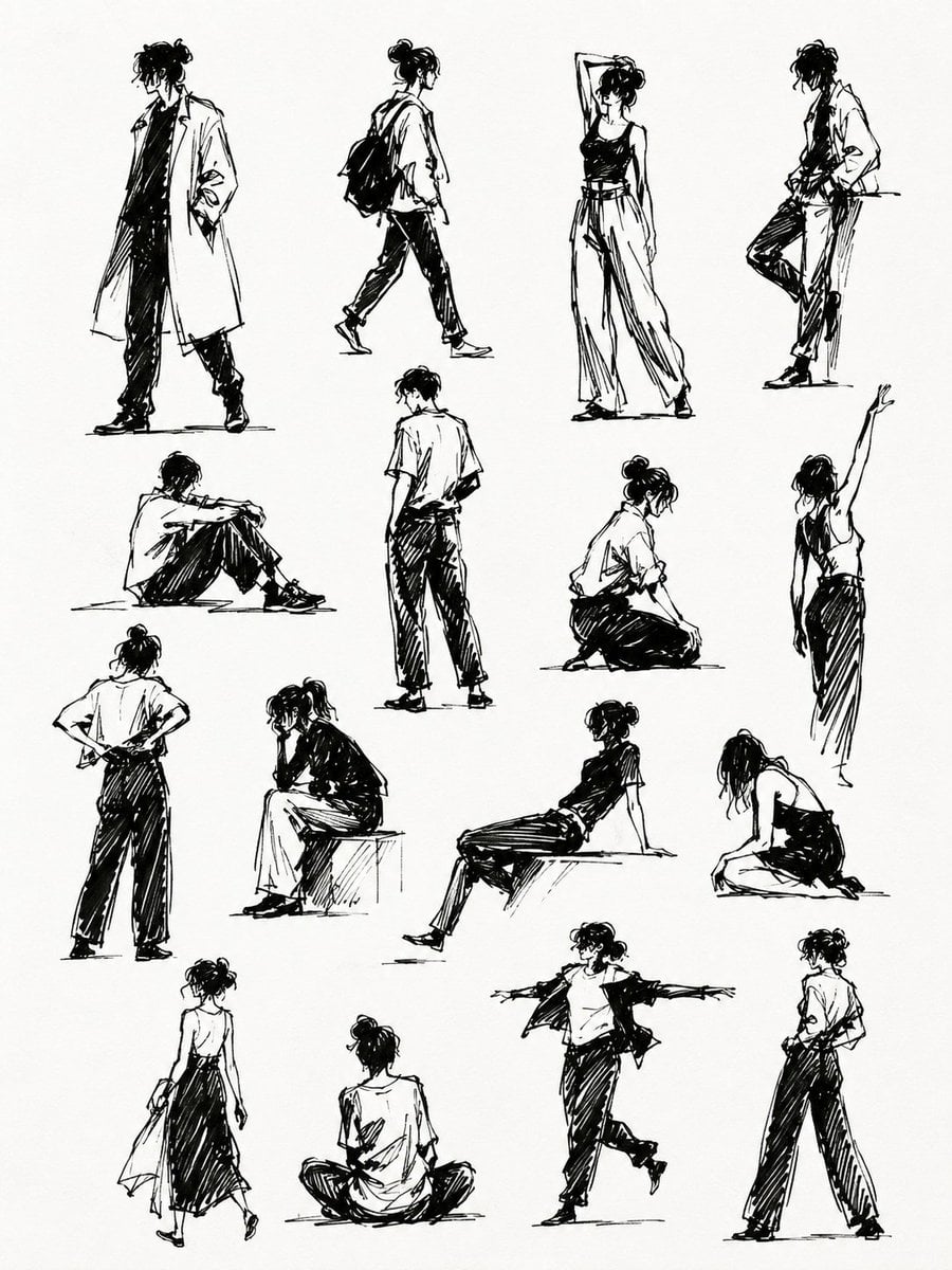 Create image A clean sketchbook page filled with multiple black ink h…
