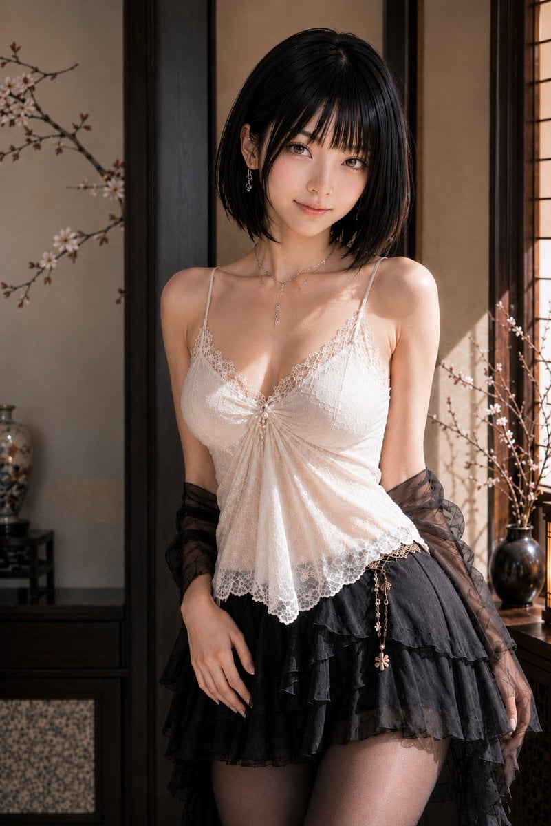 主題: 障子の午後 人物・表情: 20代女性。明るいアイボリーベージュ寄りの白肌で、ほんのりピンクの血色を含んだなめらかな肌質。頬、鼻先、肩、鎖骨に柔らかなハイライトが入り、白飛びせず自然な肌理を残す。顔立ちは小さめの…