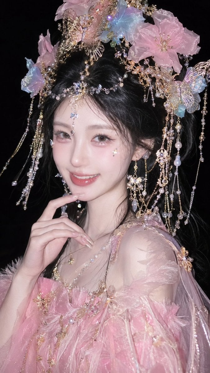 真人摄影,竖版9:16国风幻想写真,手机闪光灯近景半身肖像;年轻女性居中偏右,冷白到象牙白肤调,窄脸尖下巴、浅色美瞳、细长眼型,上眼睑略压低,直视镜头,嘴唇微张带粉色水润光。身体微侧,肩颈纤细清晰,右手抬起食指轻触下巴…