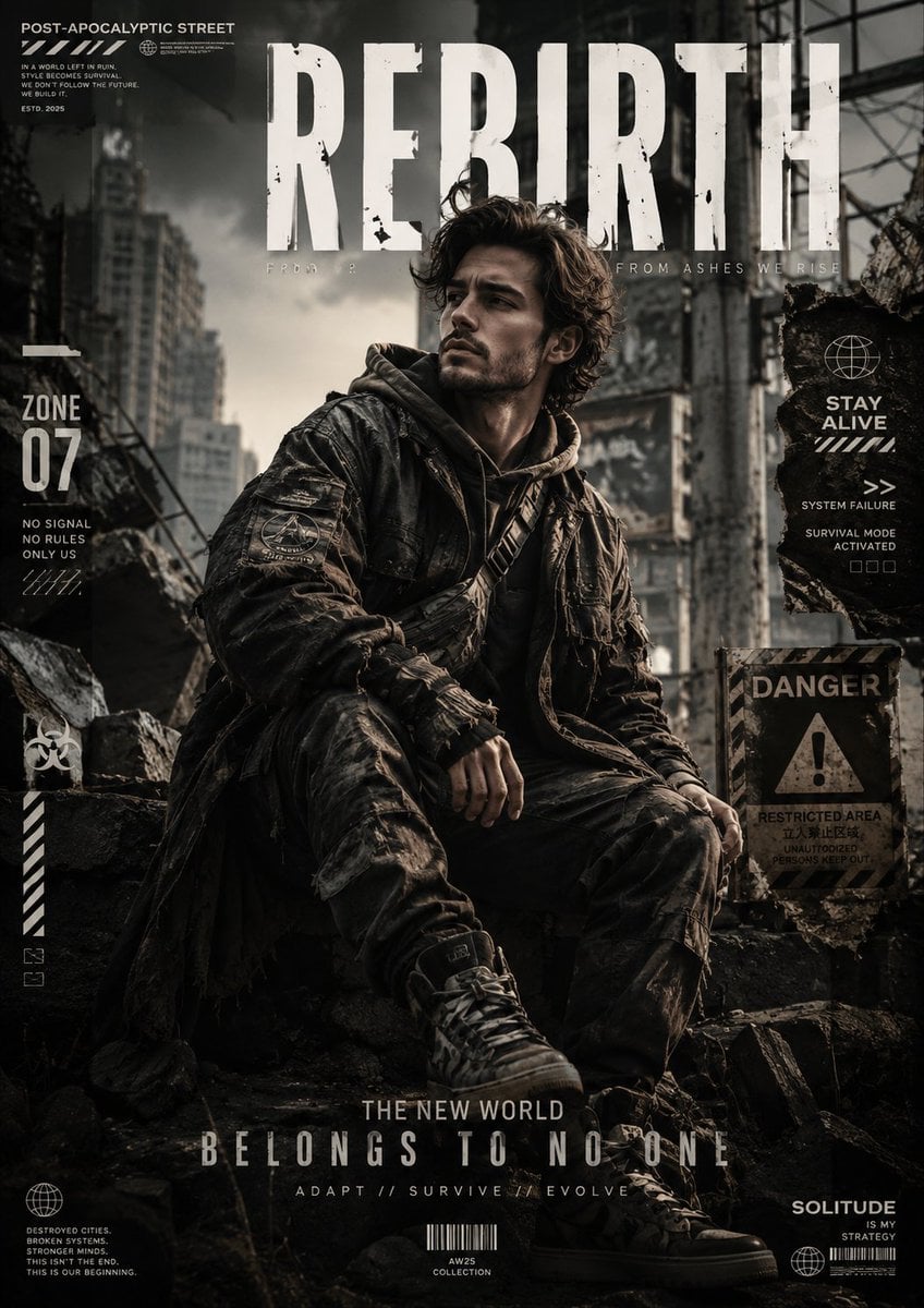 A contemporary editorial fashion poster inspired by the Post-Apocalyptic Street aesthetic, blending futuristi…