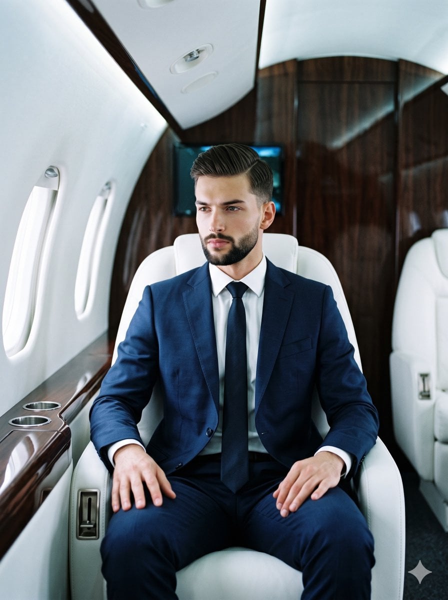 A young male dressed in a sharply tailored navy blue suit with crisp…