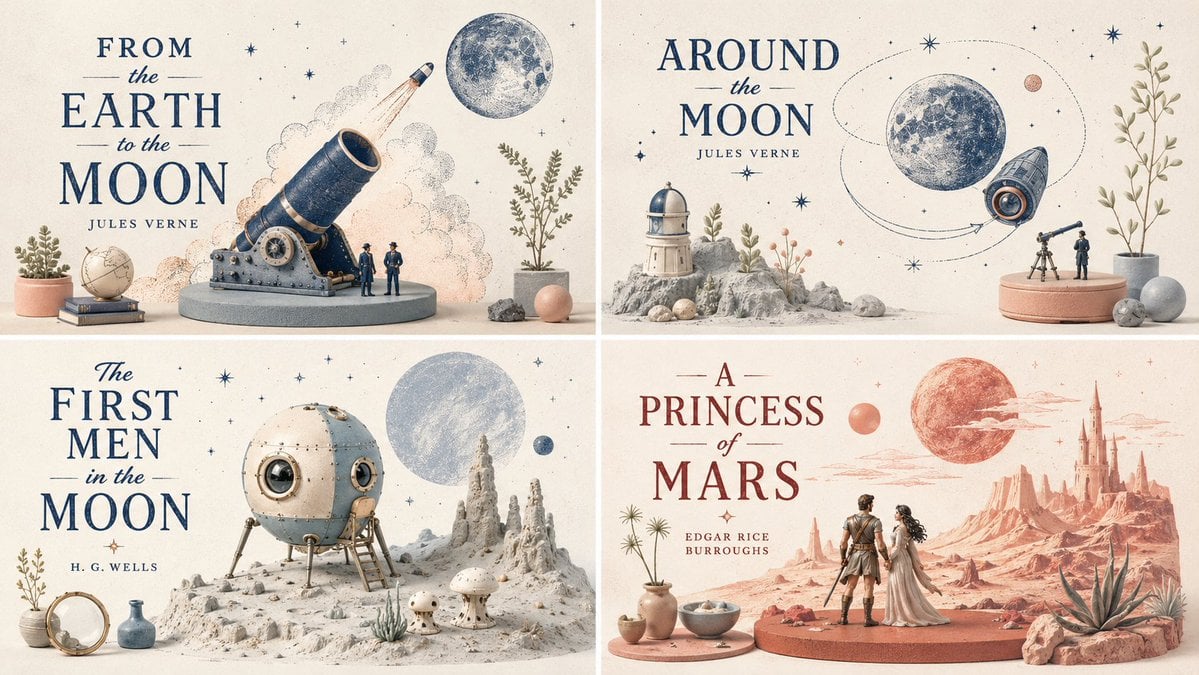 16:9, 2x2 grid, pick 4 non copyrighted, open space books, Style = <gr…