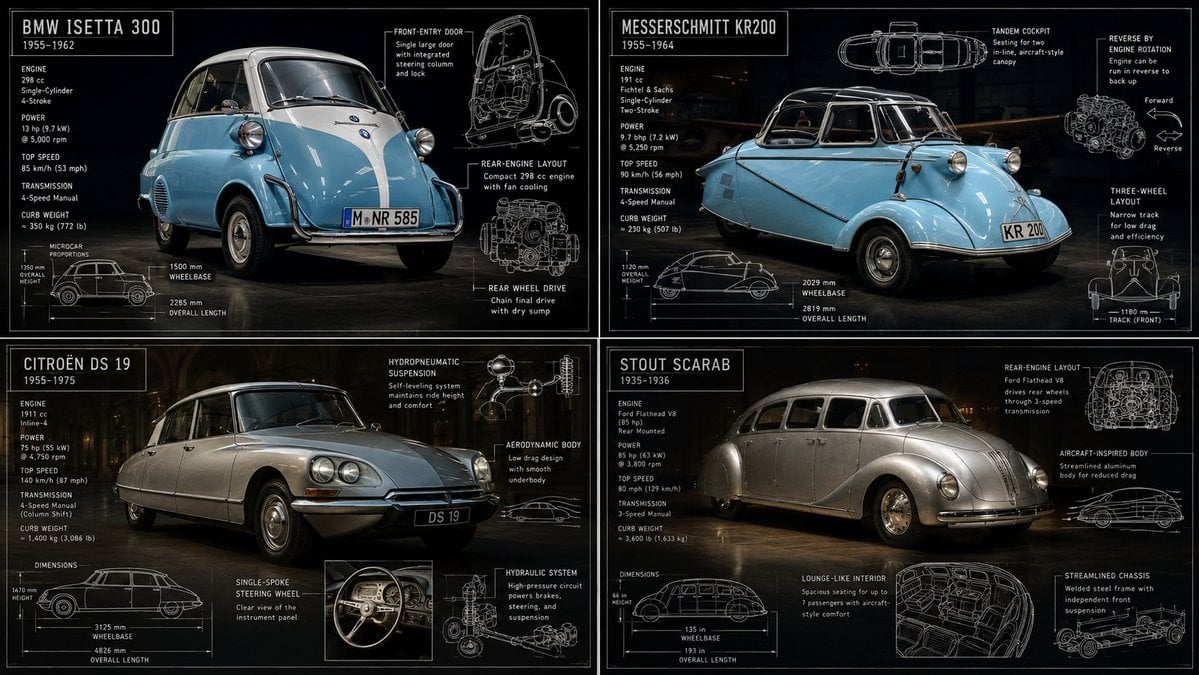2x2 grid, 16:9 do this for 4 strange classic cars [Vehicle] + [Supplied Specs] + [cinematic hero car photogra…