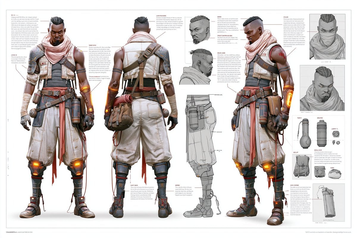 A character concept sheet of a [Character], featuring detailed front,…