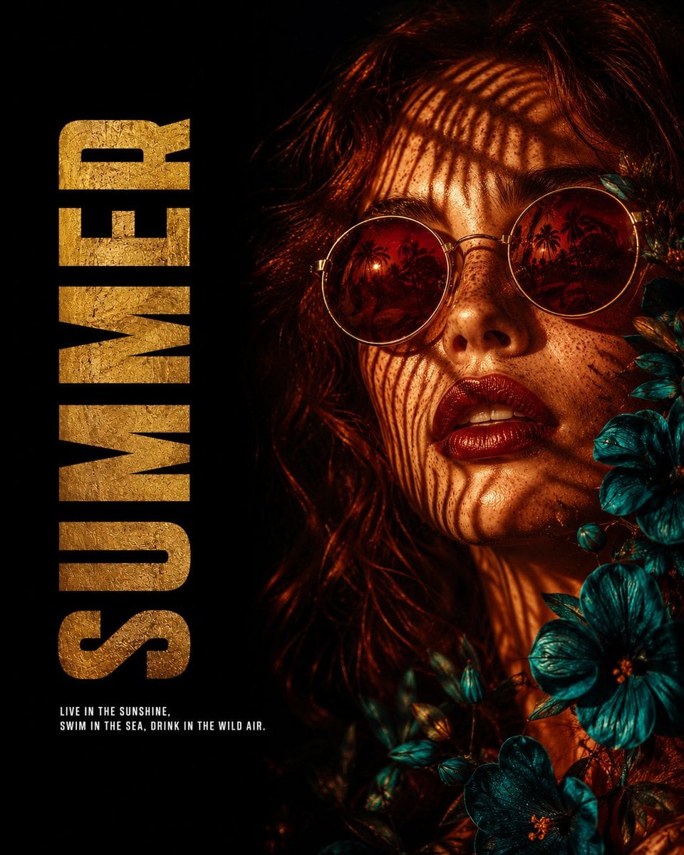 Wide summer editorial poster, young woman with auburn hair and round…