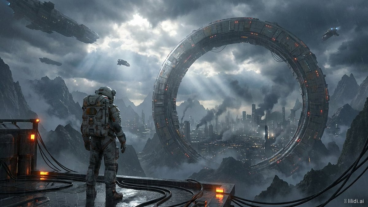 An immense futuristic megacity built inside a colossal circular ring megastructure embedded in a rocky alien…