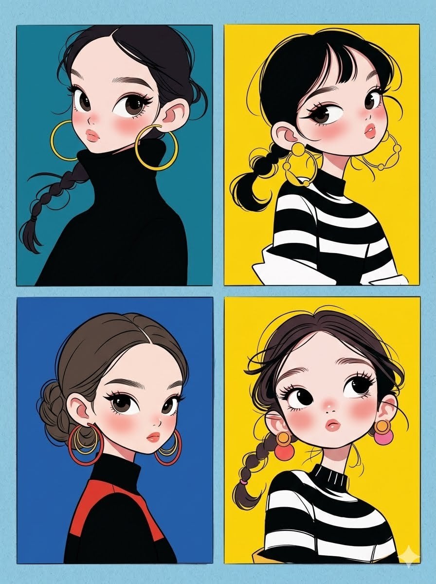 A clean 4-panel grid art collage featuring four distinct, stylish chi…
