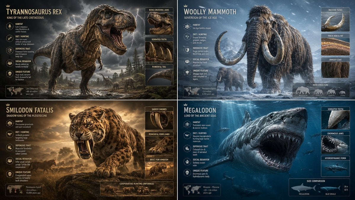2x2 grid, 16:9, do this for majestic extinct animals input ::= [Extin…