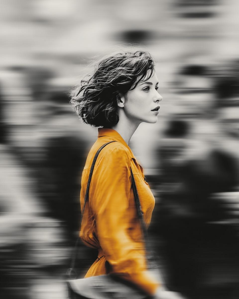 A cinematic street portrait of a beautiful young woman wearing a vibrant mustard-yellow coat while walking th…