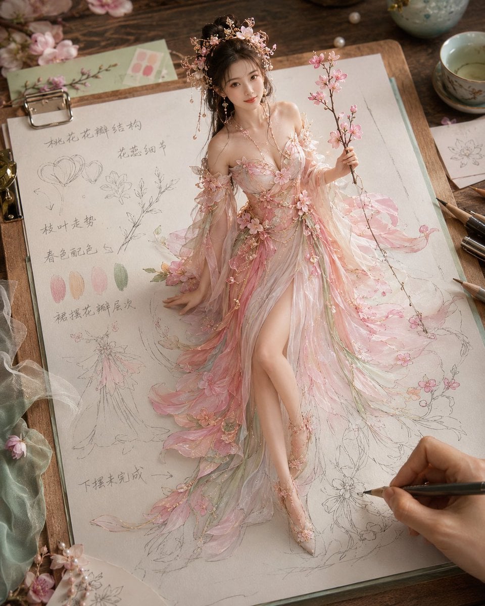 生成一张《纸上成真 · 四时花神衣谱》风格图片，4:5 竖版。 主题为[花神主题]。画面是一张高级米白色花神服饰设定稿纸夹在木质画板上，放…