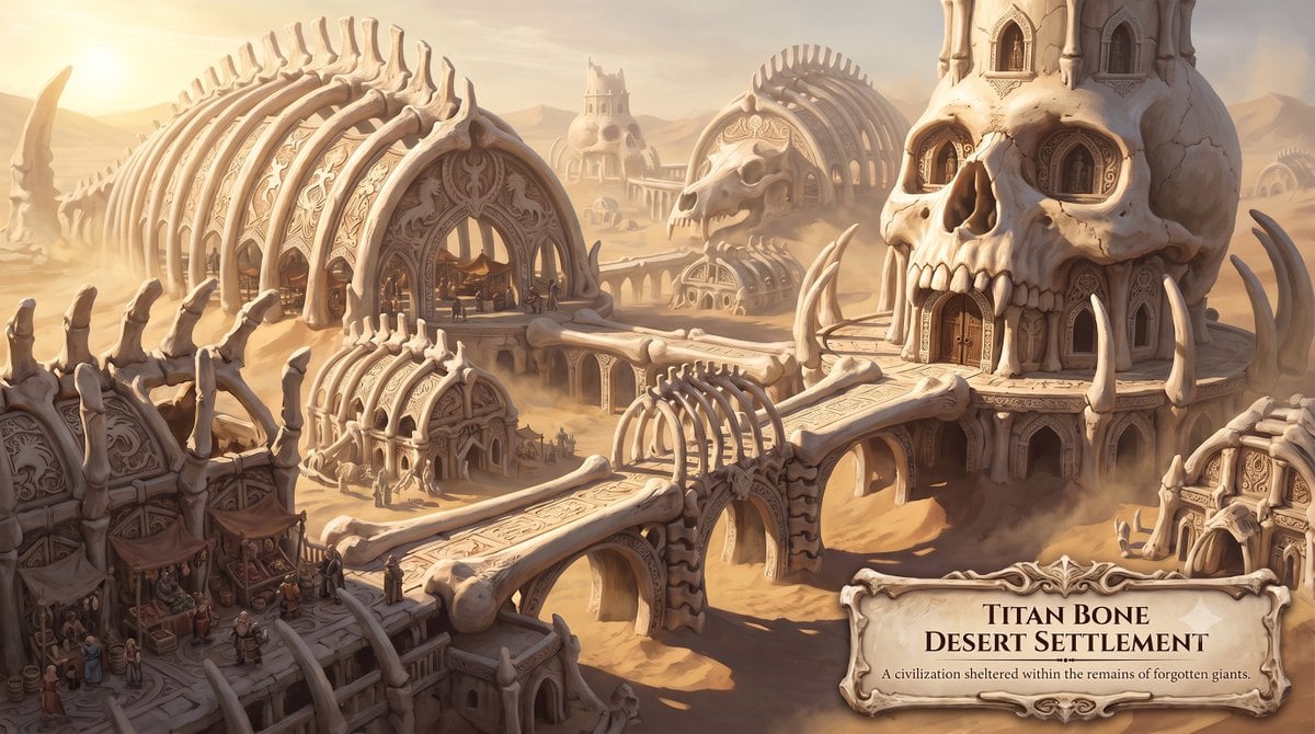 Titan Bone Desert Settlement SCENE A settlement built among the colos…