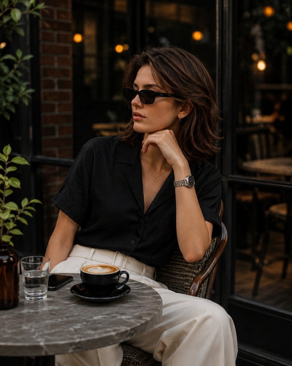 Create an elegant café lifestyle portrait of a fashionable young woman relaxing at an outdoor café in a moder…