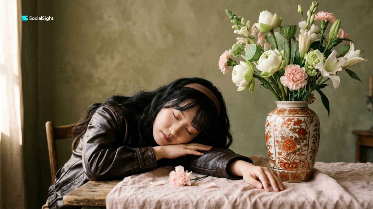 A cinematic fine art studio portrait of a young East Asian woman rest…