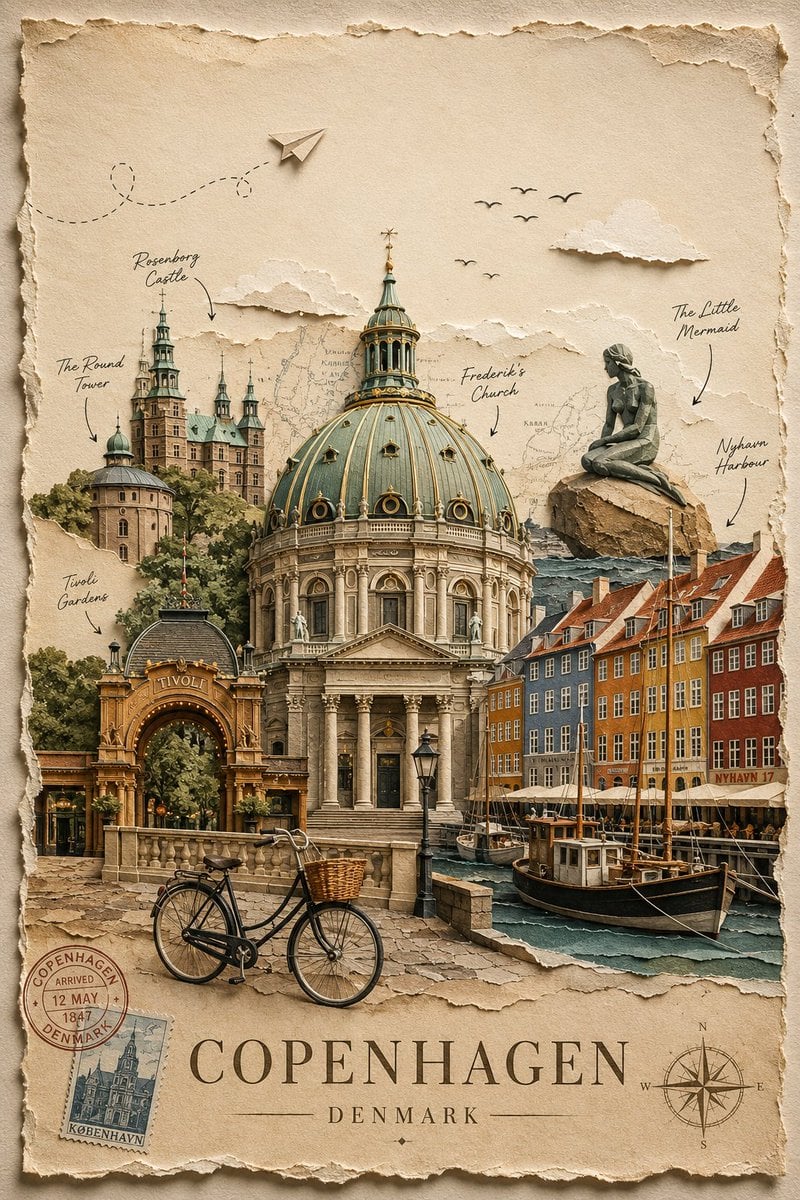 Create a premium, timeless handcrafted travel poster for [Destination] in an elegant layered paper collage (p…
