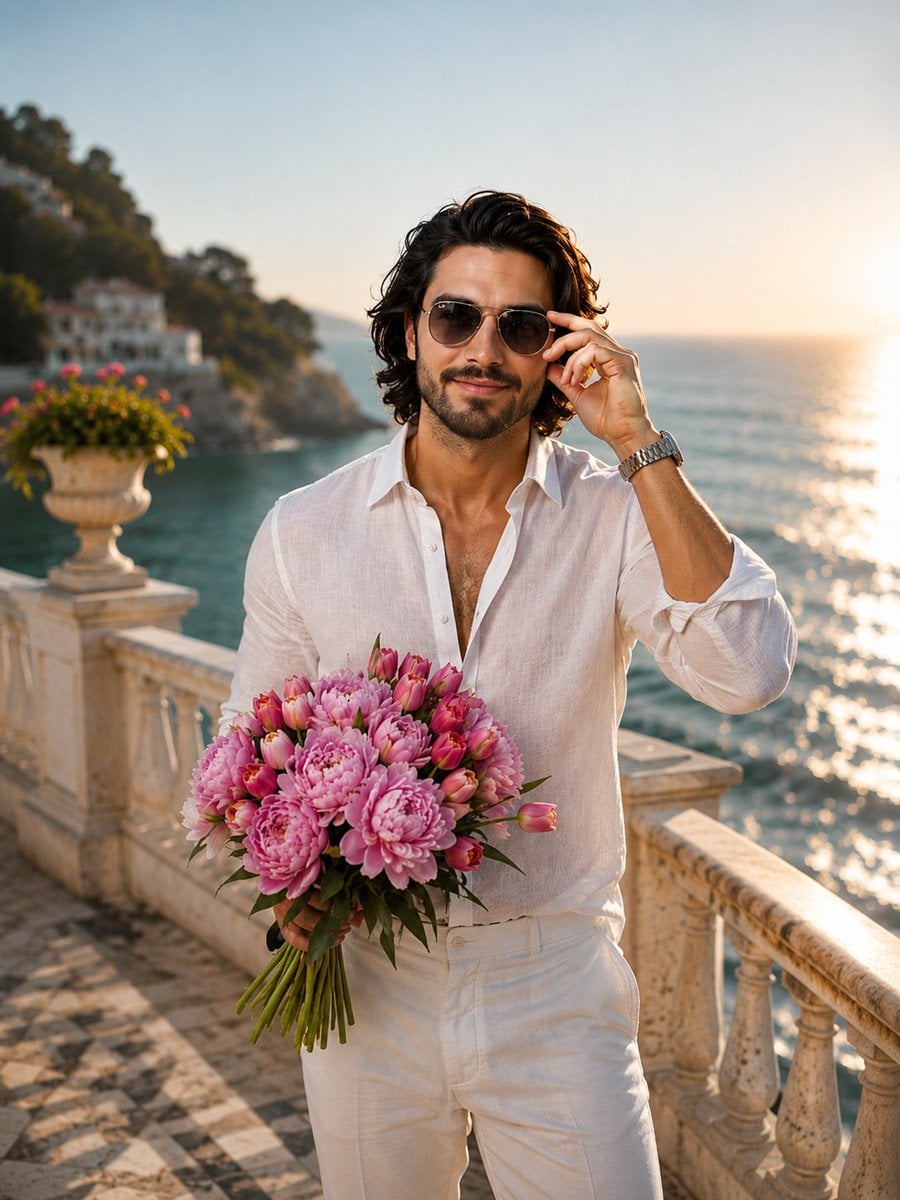 A stylish young man standing on a sunlit seaside terrace at golden ho…