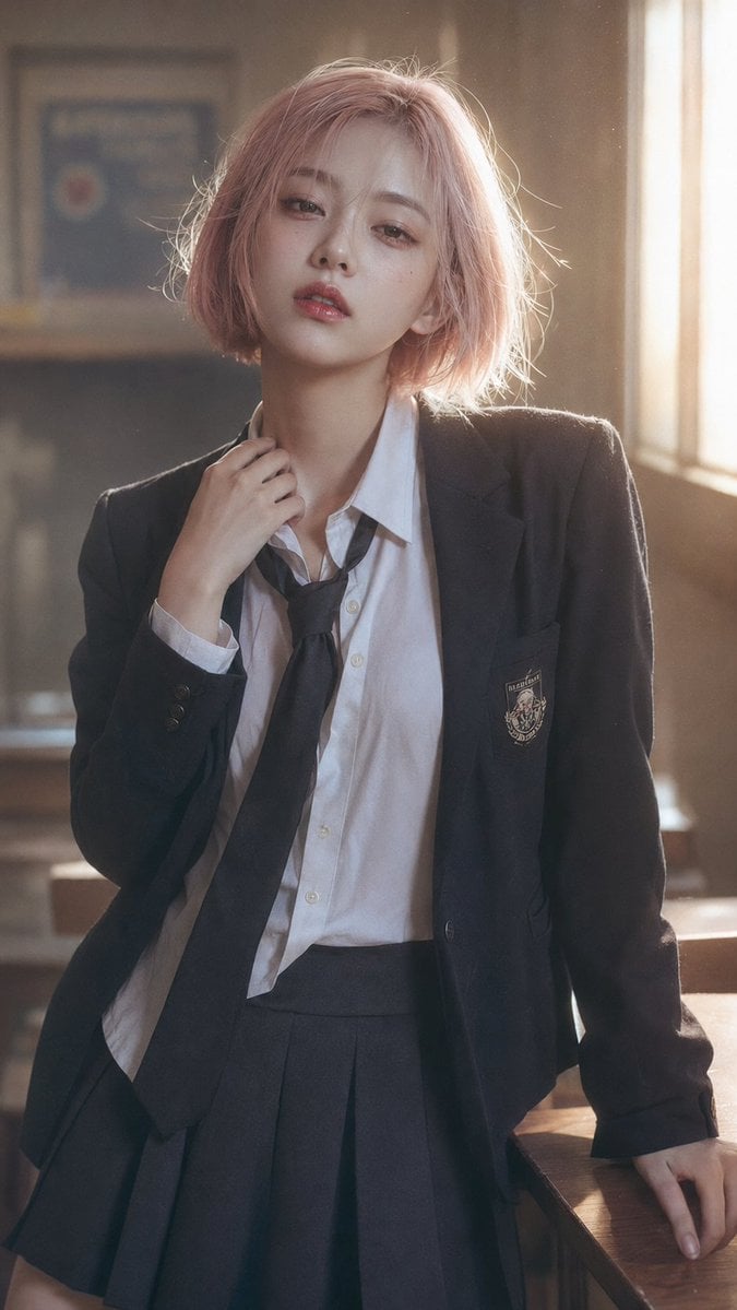 9:16 vertical composition, high-end Korean editorial campus portrait, CCD soft-focus aesthetic, dreamy haze,…