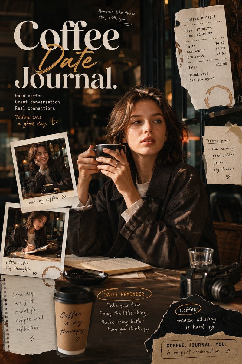 Coffee Date Journal-inspired editorial poster with a warm, intimate c…