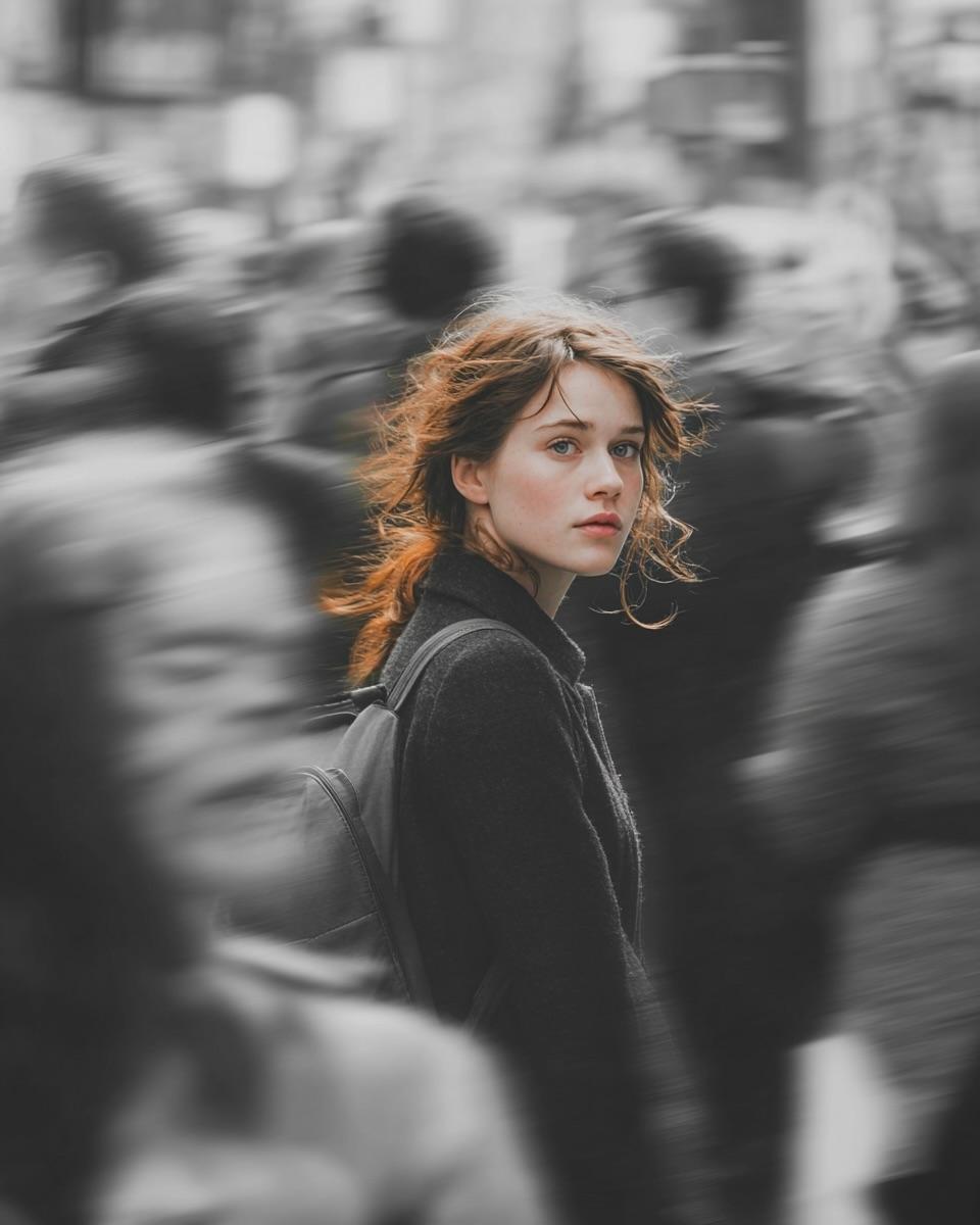 A cinematic street portrait of a young woman walking through a crowded city, with the subject perfectly sharp…