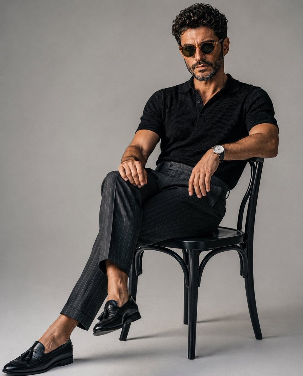 A luxury editorial fashion portrait of a stylish young man sitting ca…