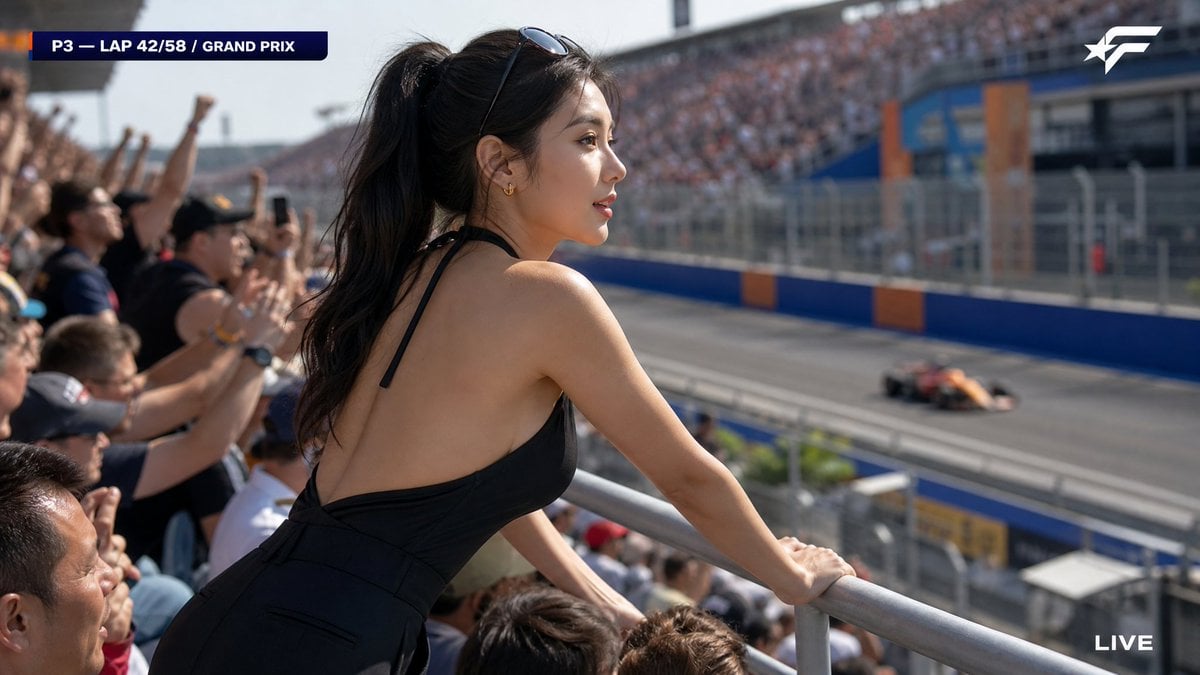 A candid HD broadcast capture from a major Formula racing Grand Prix,…