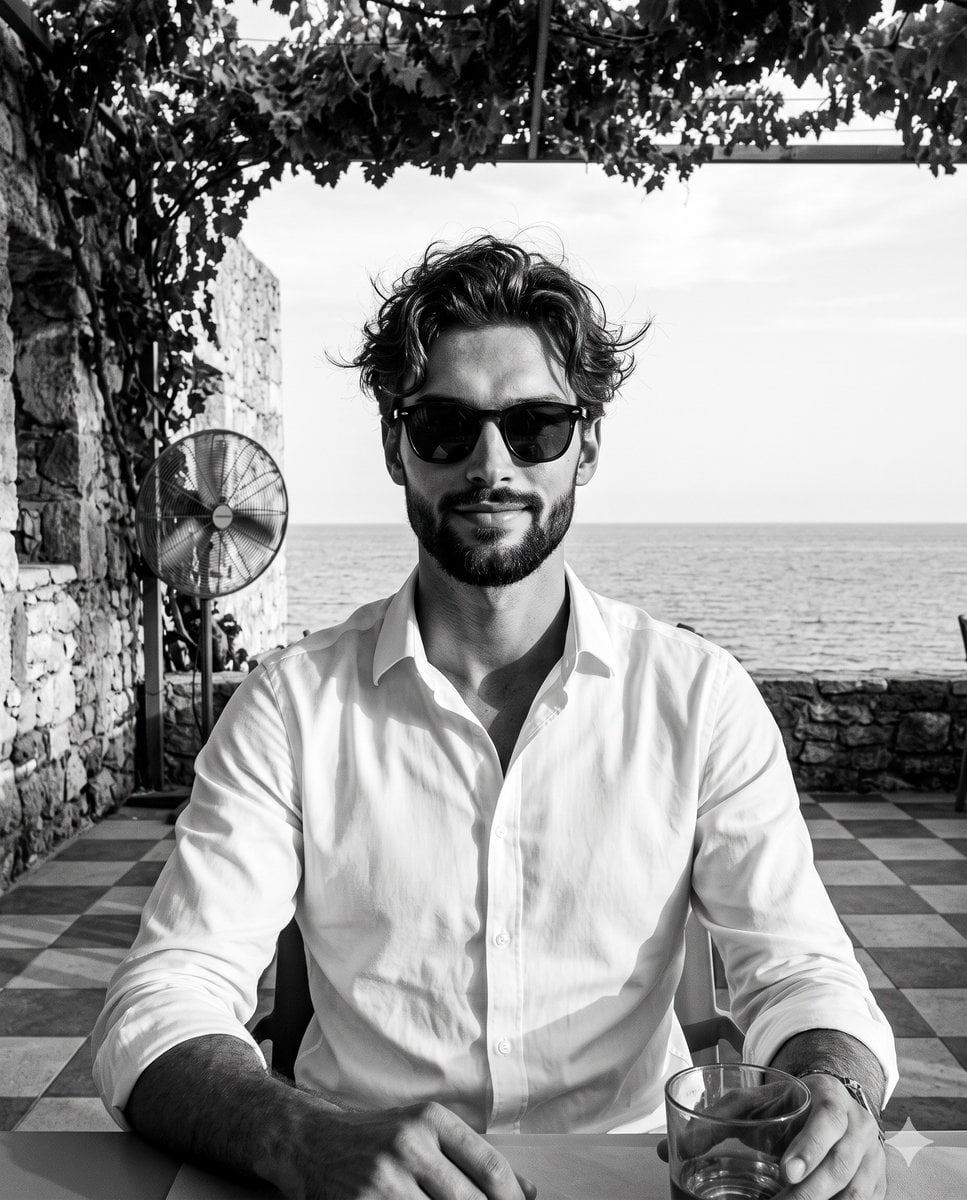 A confident man sits centered facing the camera in a crisp white shir…