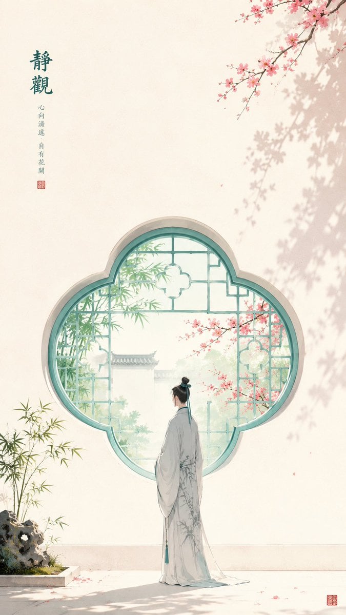 主题方向：东方禅意极简人物海报 风格分支：明丽新中式型 主体内容：一位穿着古风装扮的女性静静站在玉青色花窗前，侧身看向窗外 情绪母题：安静…