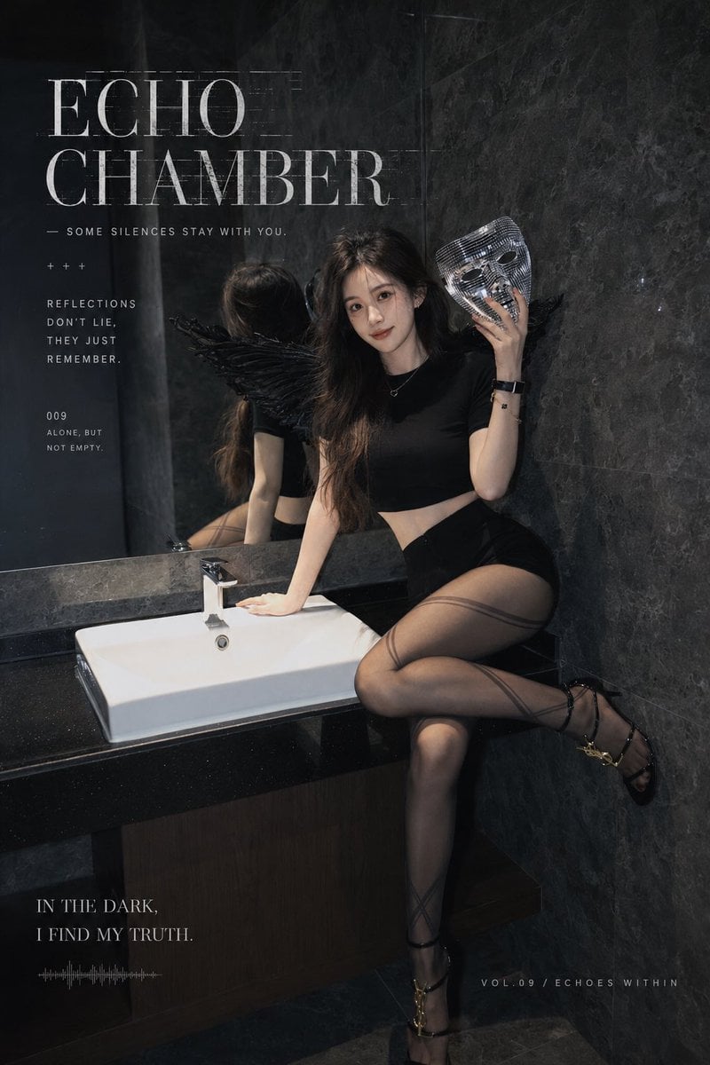 暗黑哥特风时尚杂志写真，成年亚洲女性模特，清冷甜美五官，长卷发，黑色短袖修身露腰上衣，高腰黑色短裙/短裤，半透明灰黑色纹理丝袜，黑色细带高…