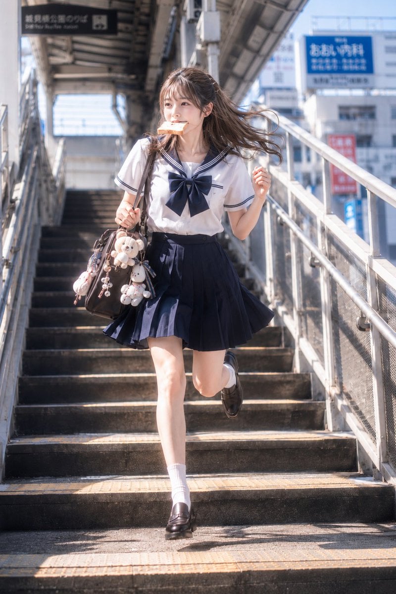 主題： 朝の急ぎ足 人物・表情： 20代女性。明るいアイボリーベージュ寄りの白肌に、ほんのりピンクの血色を含んだ自然な肌理。淡いローズピンクのチーク、シャンパンベージュとピンクブラウンのアイシャドウ、細く長いまつ毛、自…