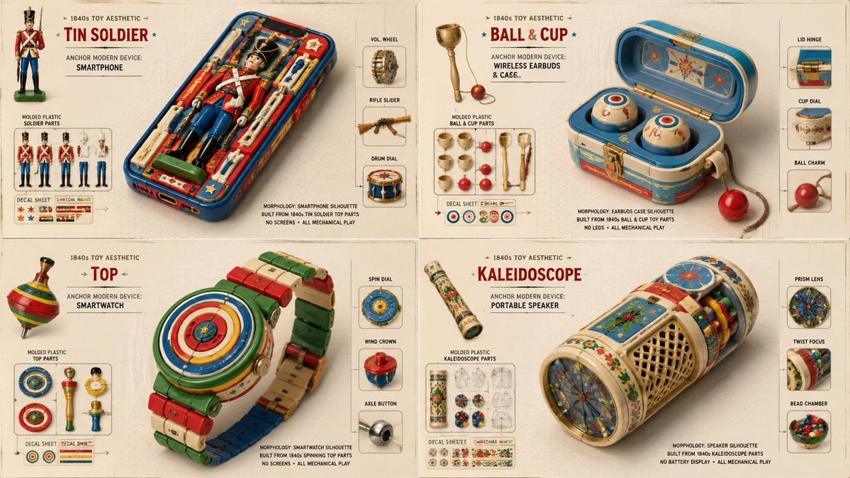 2x2 grid, 16:9, do this for 1840s toys and 4 smart devices<instructio…