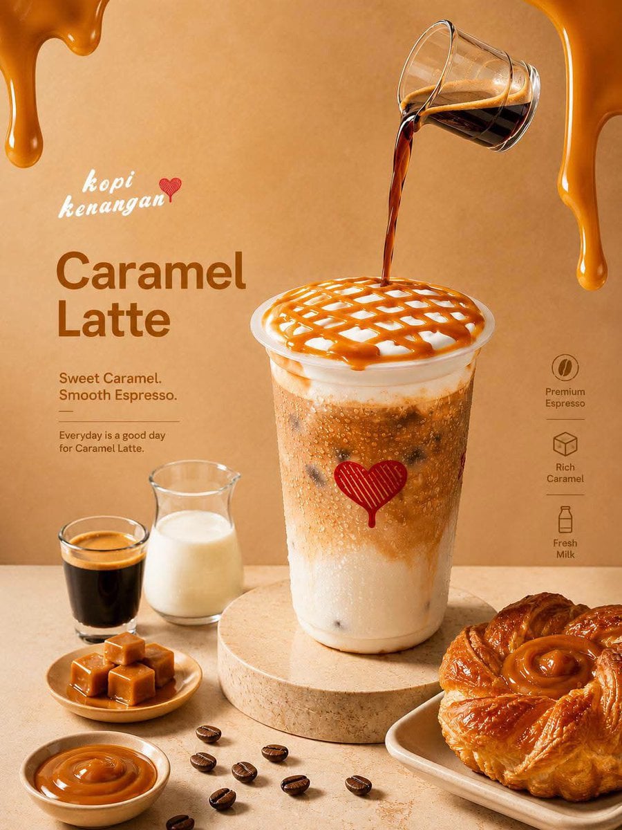 A professional commercial food photography of an iced caramel latte i…